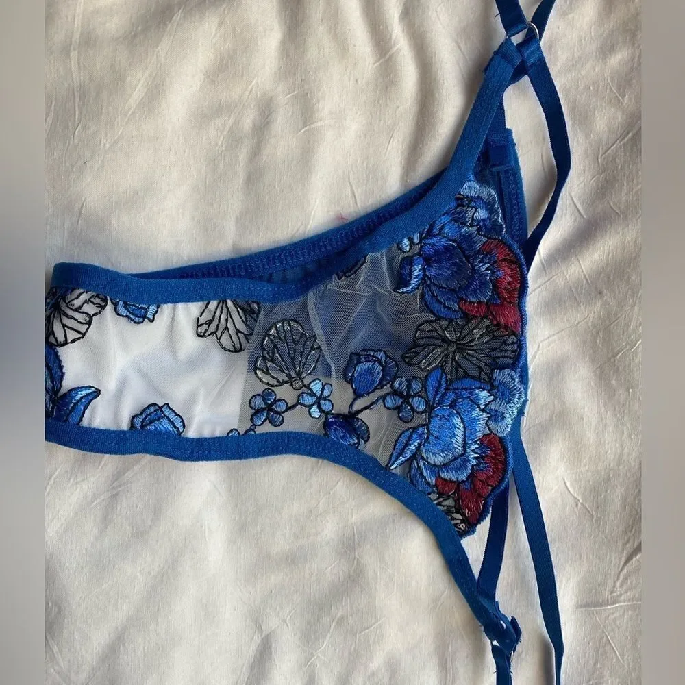 new. blue embroidered lace and tulle bra and thong set,